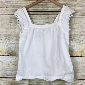 J Crew Square neck poplin top with Pom poms Sz 2